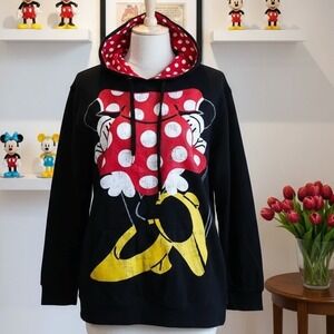 Disney Parks 2X‎ Minnie Mouse Hoodie Black Polka Dot Bow Ears Graphic